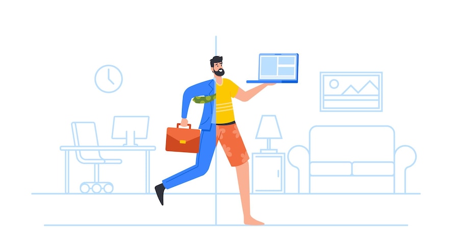 businessman wearing hybrid clothes half formal suit