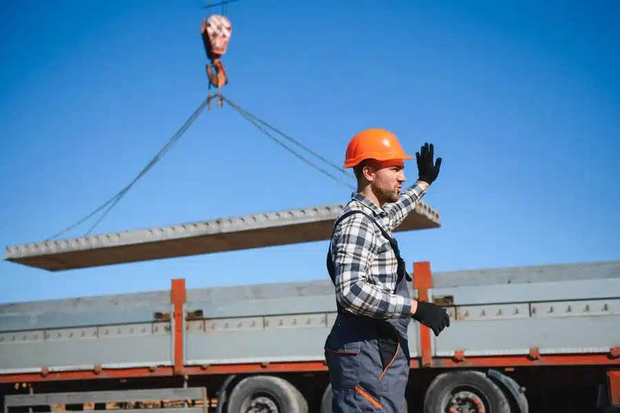builder controls crane while unloading